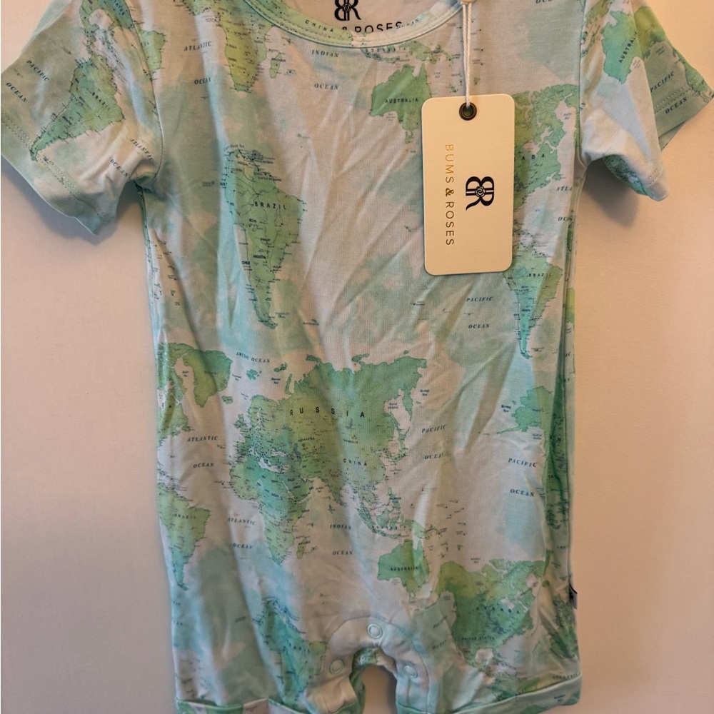 Bums & Roses Green Map Print Kids Shortie Romper NWT